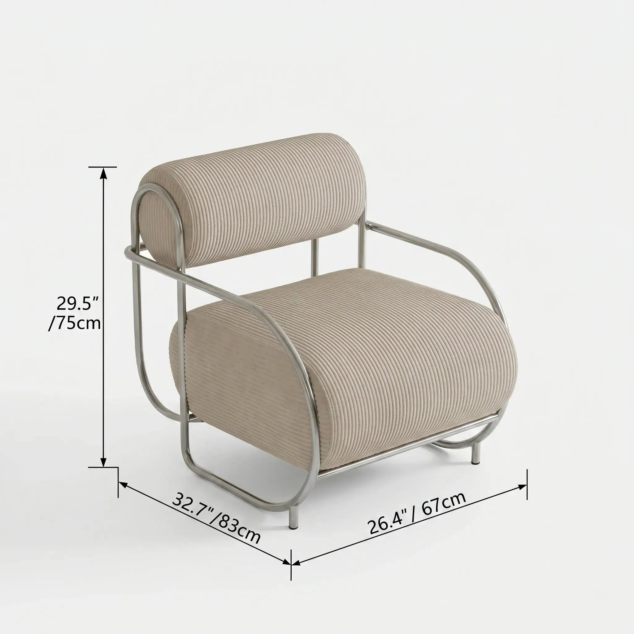 Sculptural Stainless Steel Lounge Chair with Textured Fabric & Rounded Armrests Dimensions