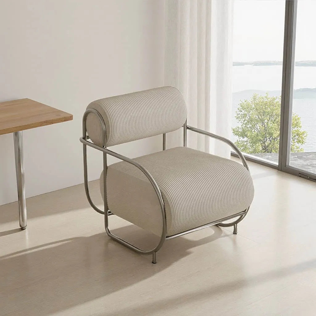 Sculptural Stainless Steel Lounge Chair with Textured Fabric & Rounded Armrests Main Product Image