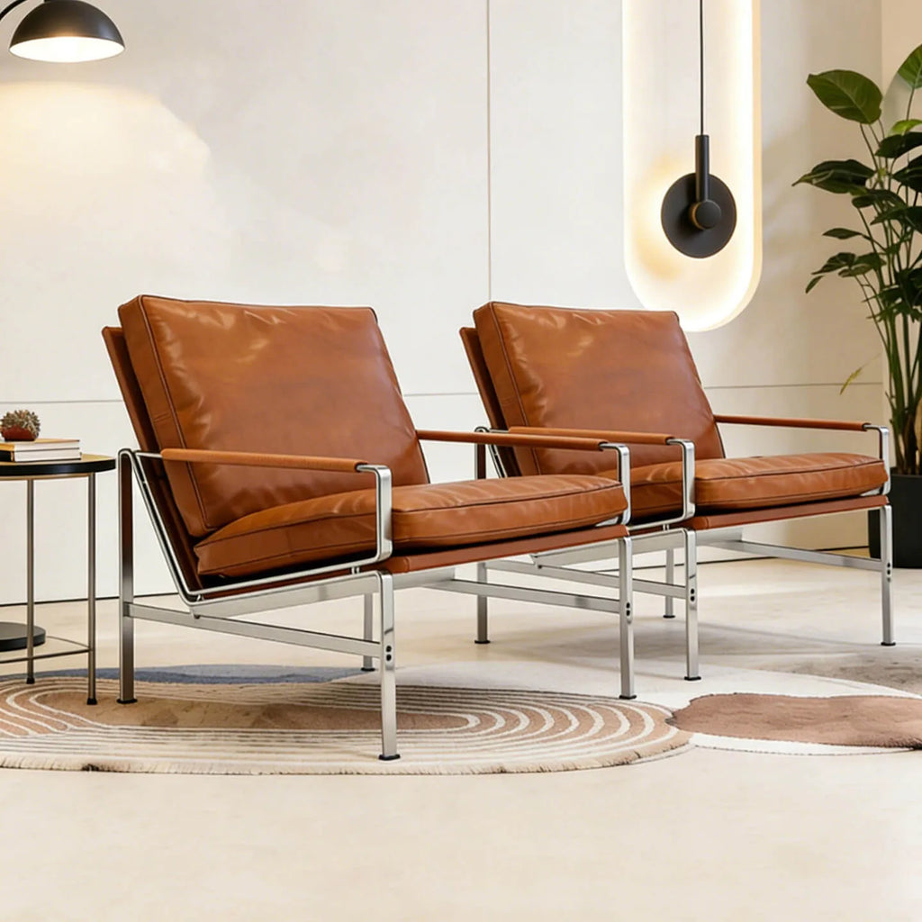 Sculptural Stainless Steel Lounge Chair with Woven Rope & Full-Grain Leather