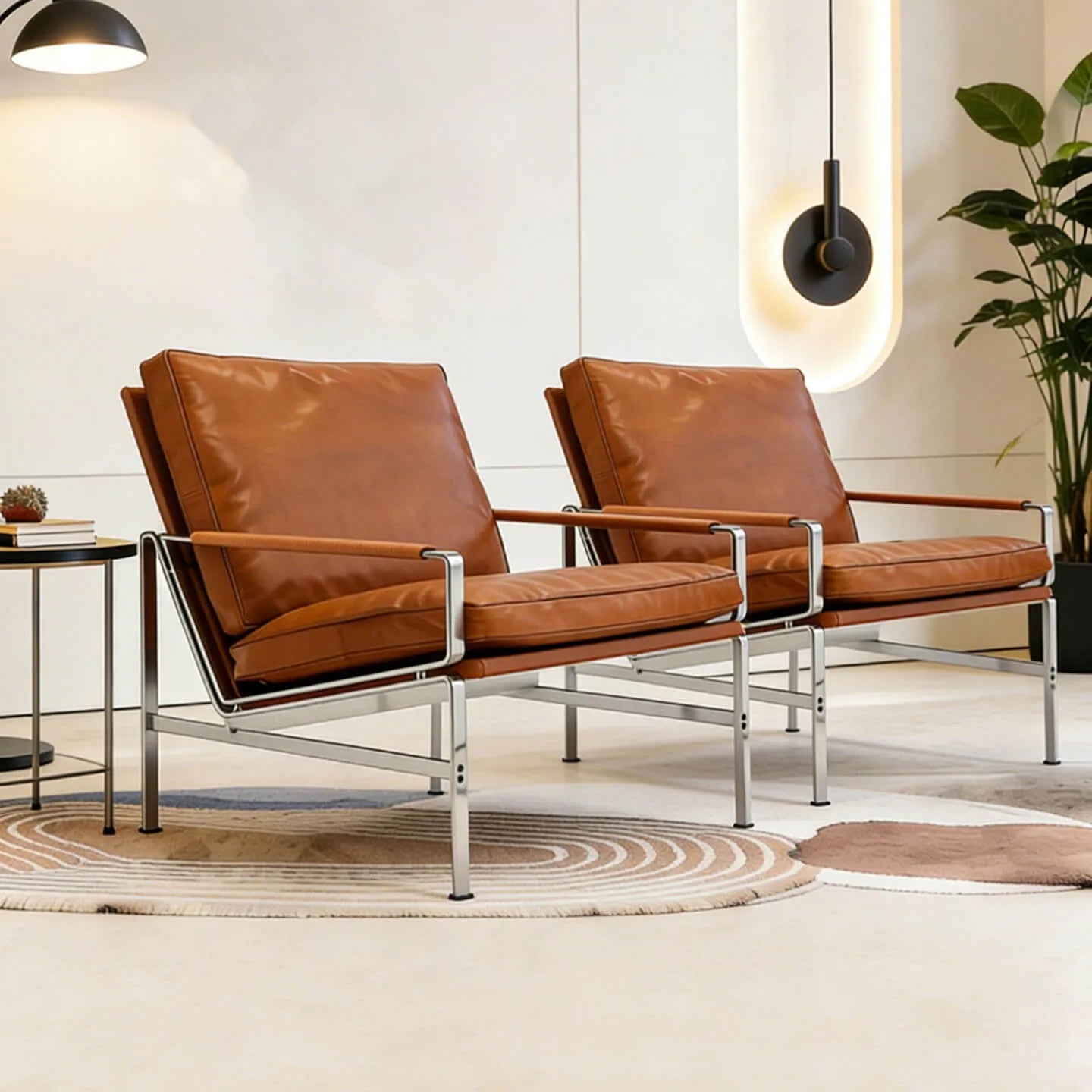 Sculptural Stainless Steel Lounge Chair with Woven Rope & Full-Grain Leather