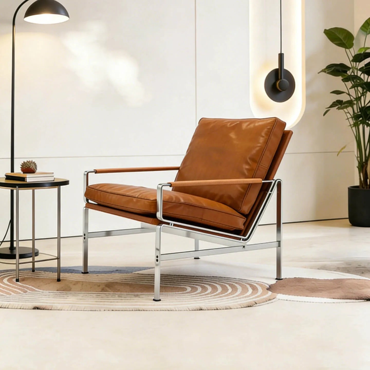 Sculptural Stainless Steel Lounge Chair with Woven Rope & Full-Grain Leather サブ画像