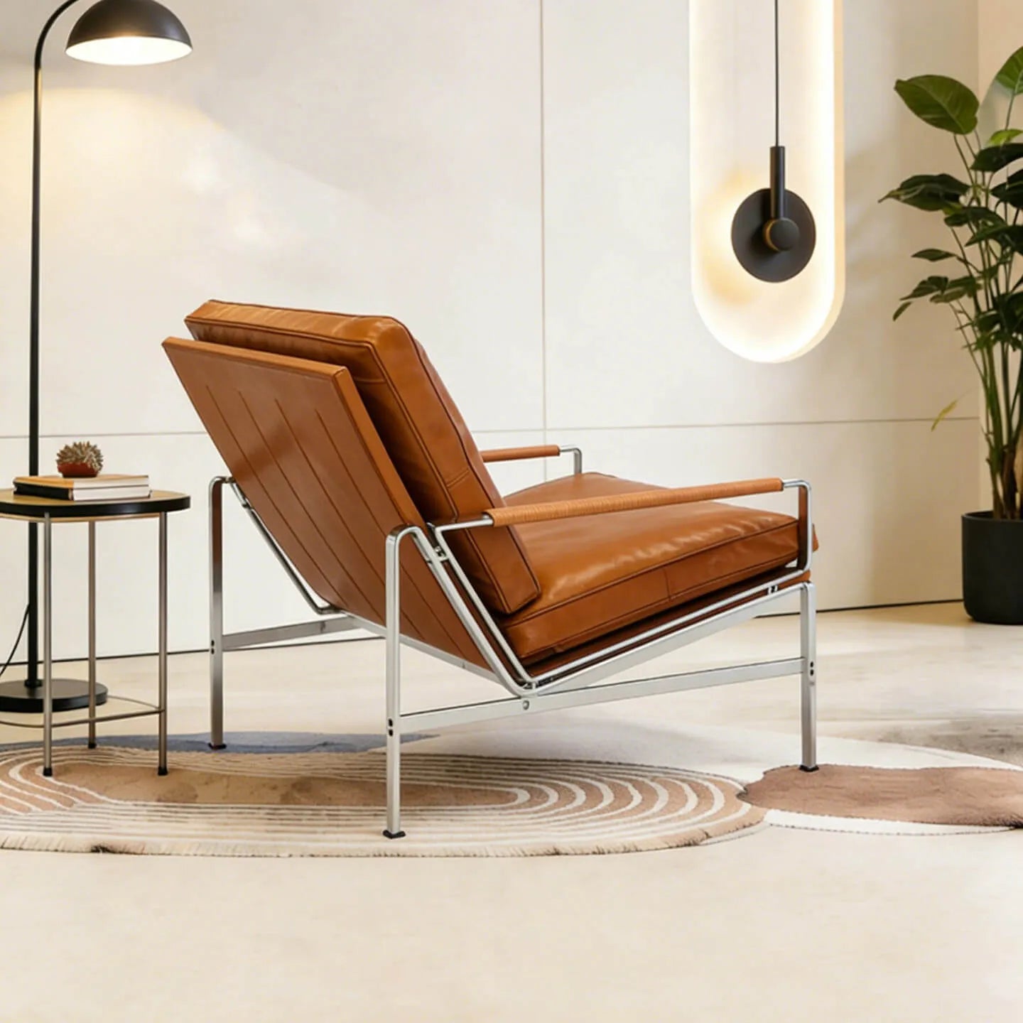 Sculptural Stainless Steel Lounge Chair with Woven Rope & Full-Grain Leather