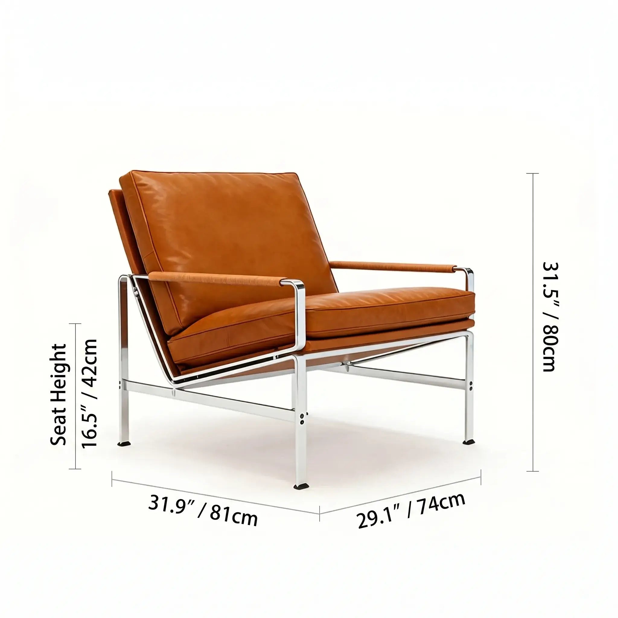 Sculptural Stainless Steel Lounge Chair with Woven Rope & Full-Grain Leather Dimensions
