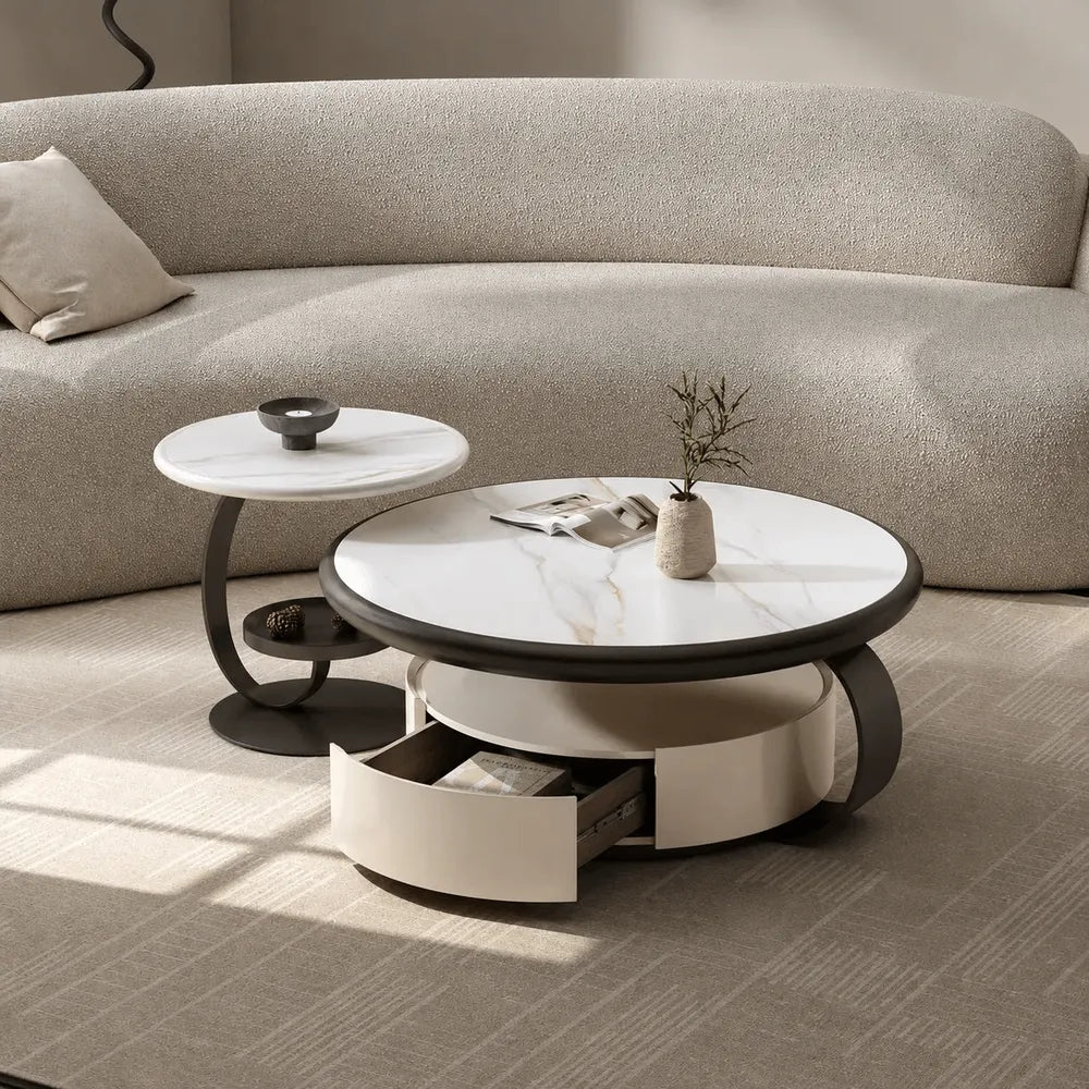Sculptural Stone-Top Coffee Table Set With Floating Curves and Drawer Storage