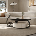 Sculptural Stone-Top Coffee Table Set With Floating Curves and Drawer Storage