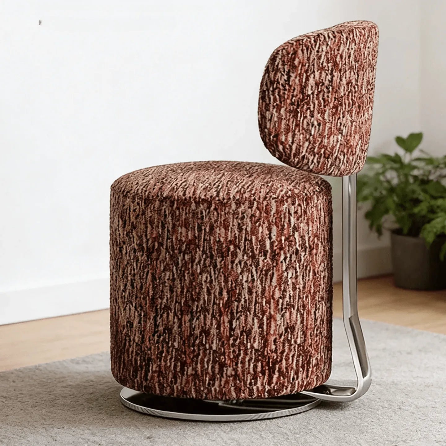 Sculptural Swivel Vanity Stool in Starlight Chenille With Low Back