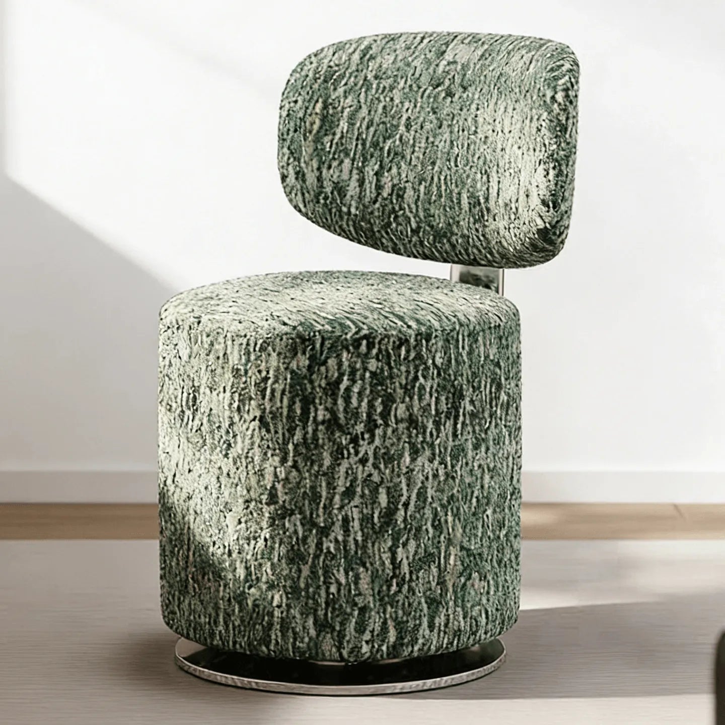 Sculptural Swivel Vanity Stool in Starlight Chenille With Low Back