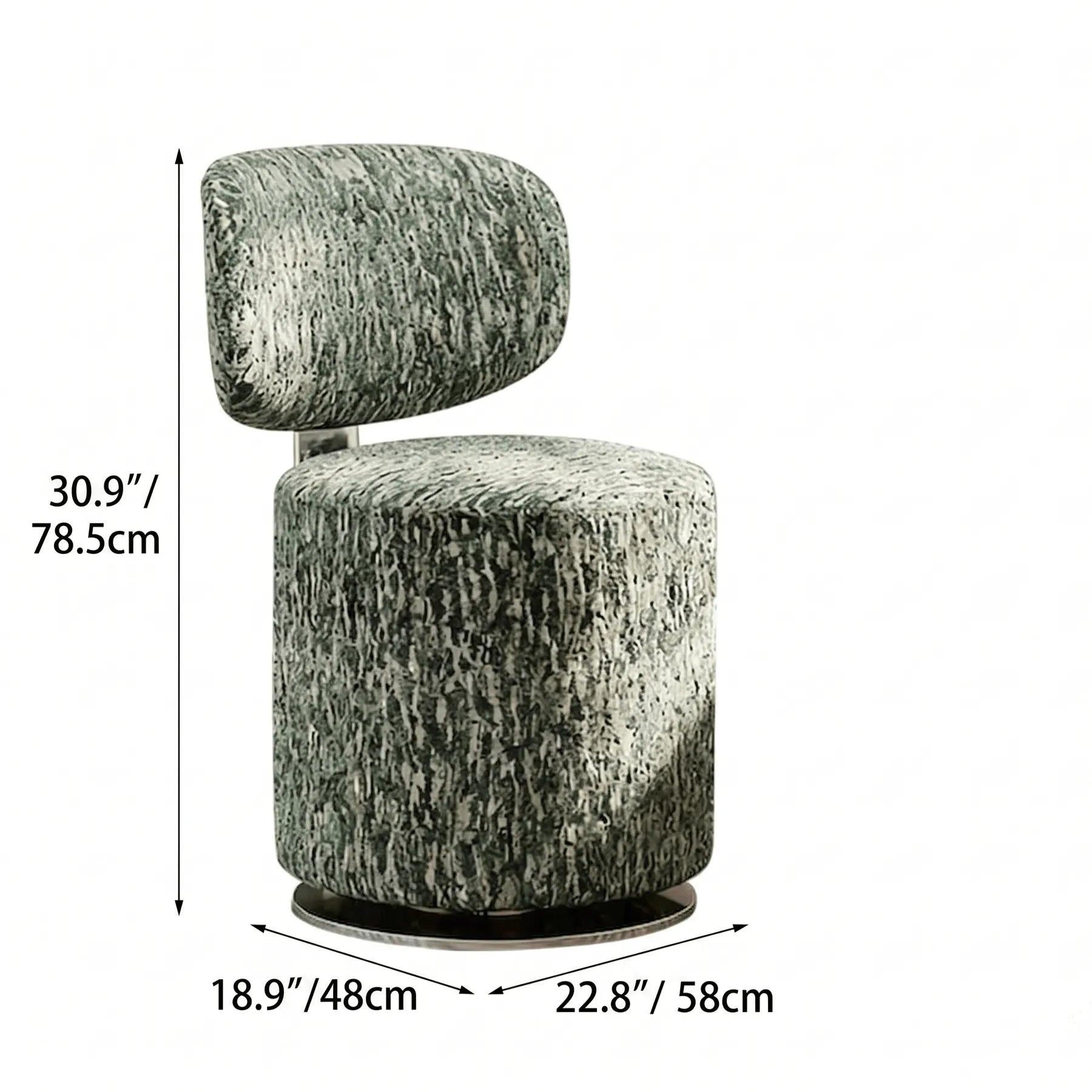 Sculptural Swivel Vanity Stool in Starlight Chenille With Low Back Dimensions