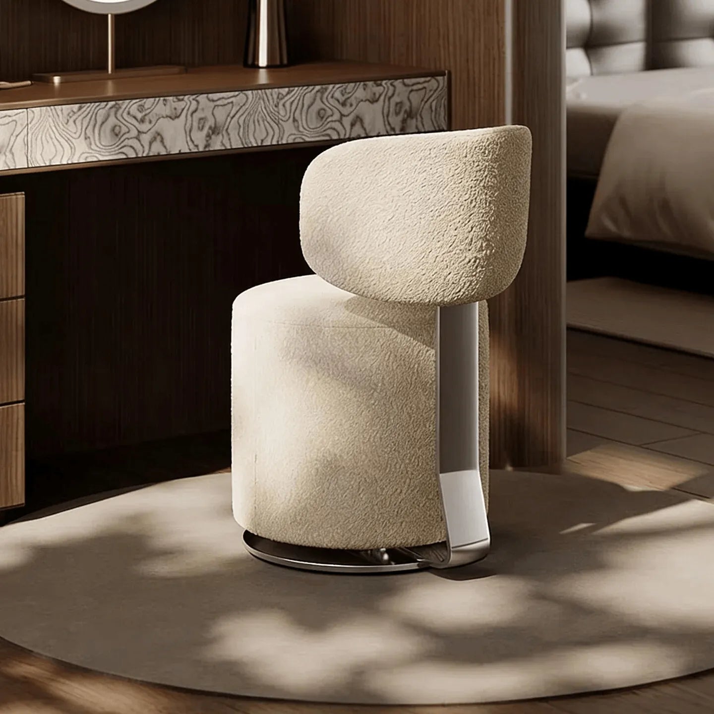 Sculptural Swivel Vanity Stool in Starlight Chenille With Low Back Main Product Image