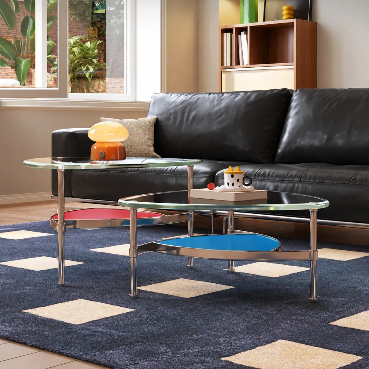 Sculptural Tempered Glass Coffee Table Set with Layered Color Accent