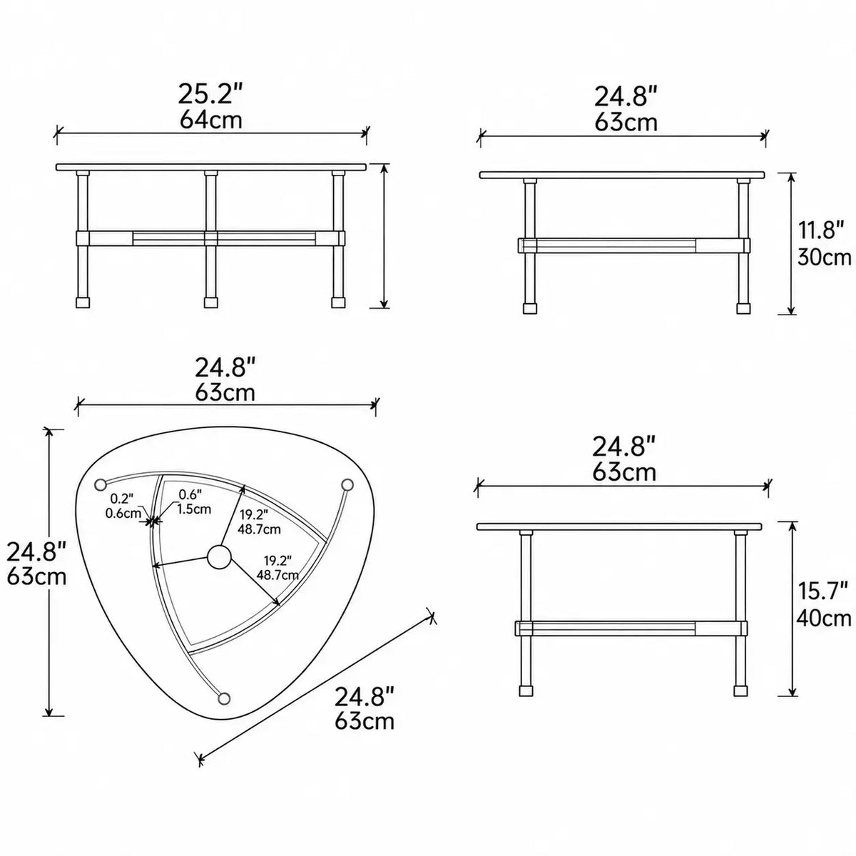 Sculptural Tempered Glass Coffee Table Set with Layered Color Accent Dimensions