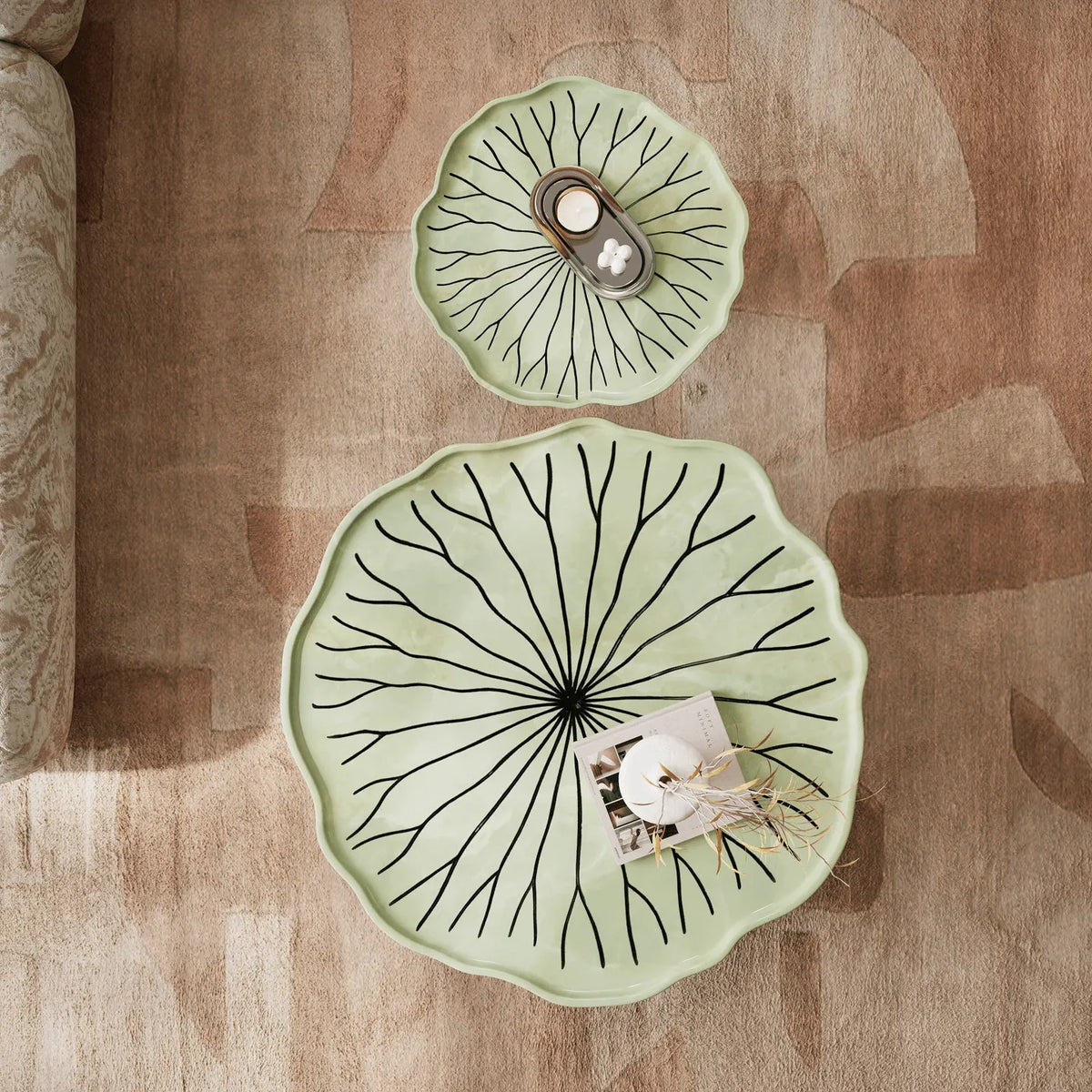Sculptural Tiered Coffee Table Set in Green Stone and White Oak