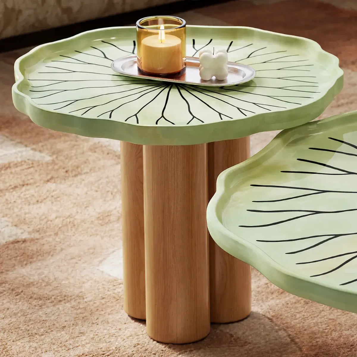 Sculptural Tiered Coffee Table Set in Green Stone and White Oak