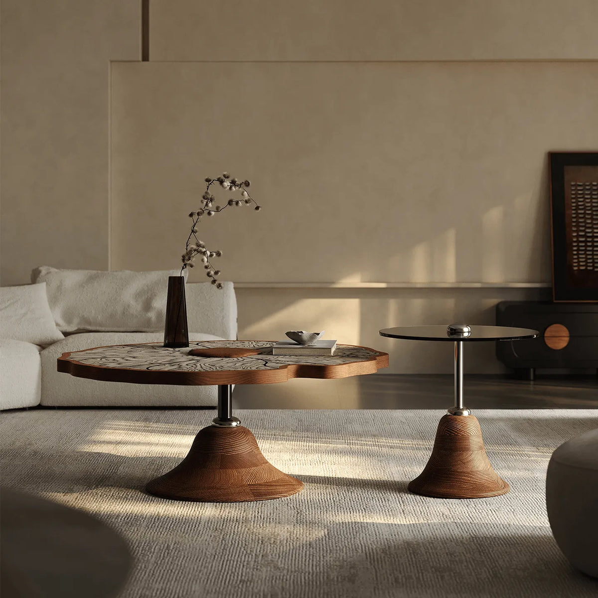 Sculptural Tiered Coffee Table Set with Petal Top and Oak Base