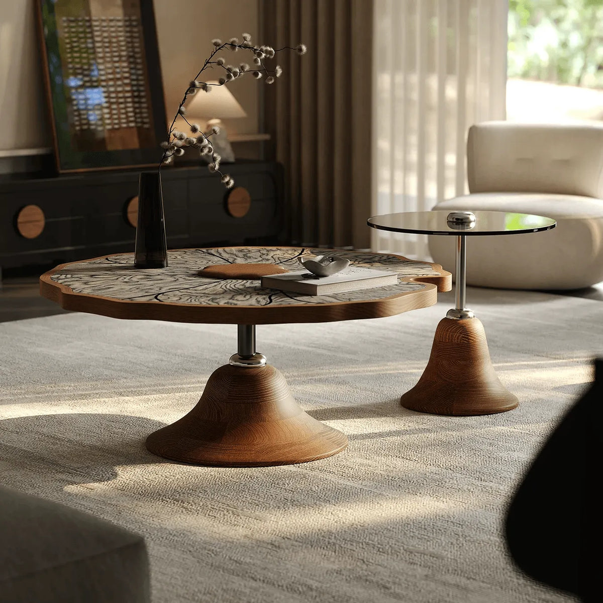 Sculptural Tiered Coffee Table Set with Petal Top and Oak Base