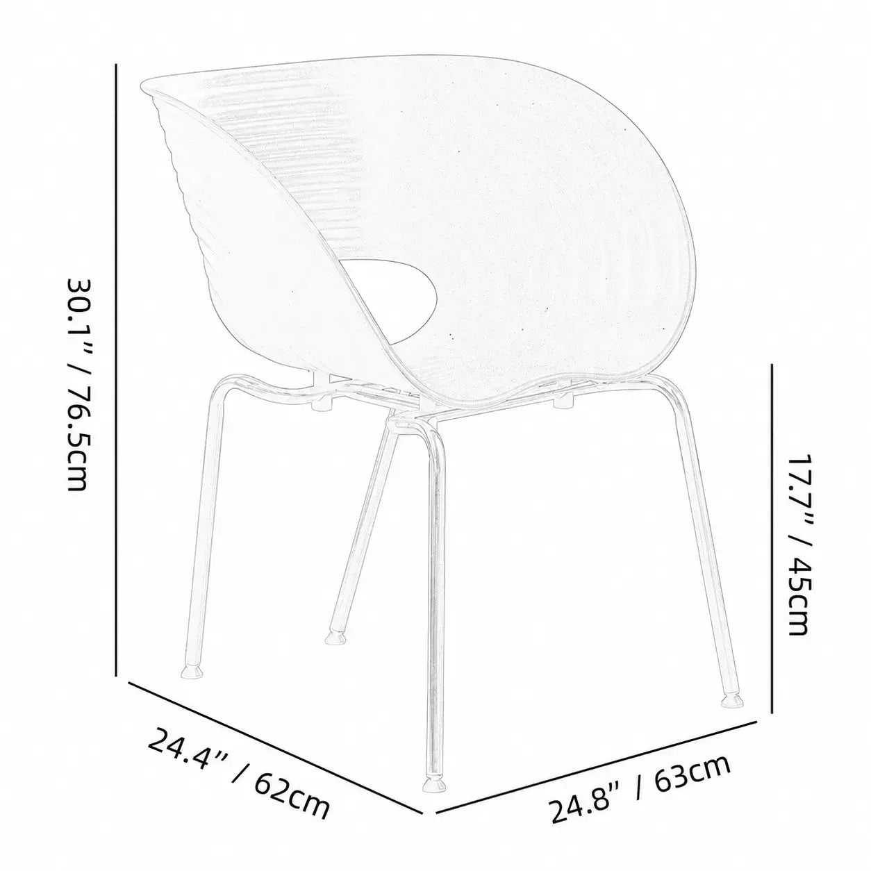 Sculptural Tom Vac Chair With Ribbed Curves and Ergonomic Metal Base Dimensions
