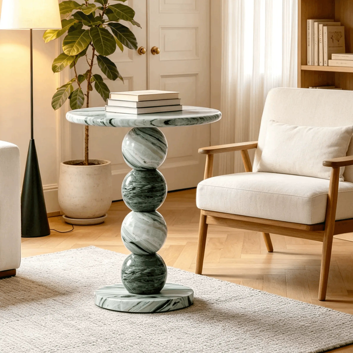 Sculptural Travertine and Marble Side Table Series With Beaded Column