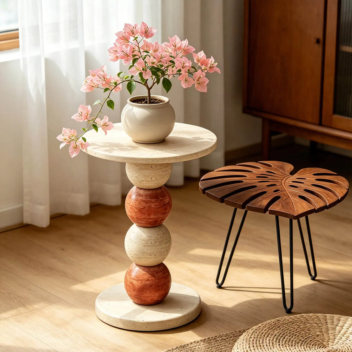Sculptural Travertine and Marble Side Table Series With Beaded Column