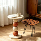 Sculptural Travertine and Marble Side Table Series With Beaded Column
