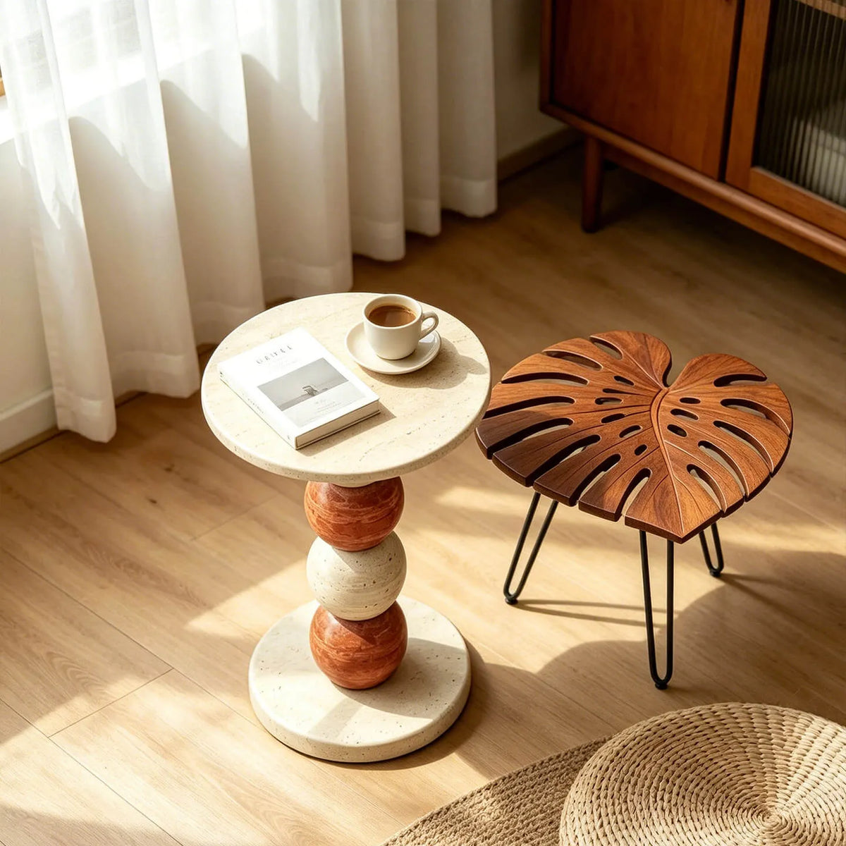 Sculptural Travertine and Marble Side Table Series With Beaded Column