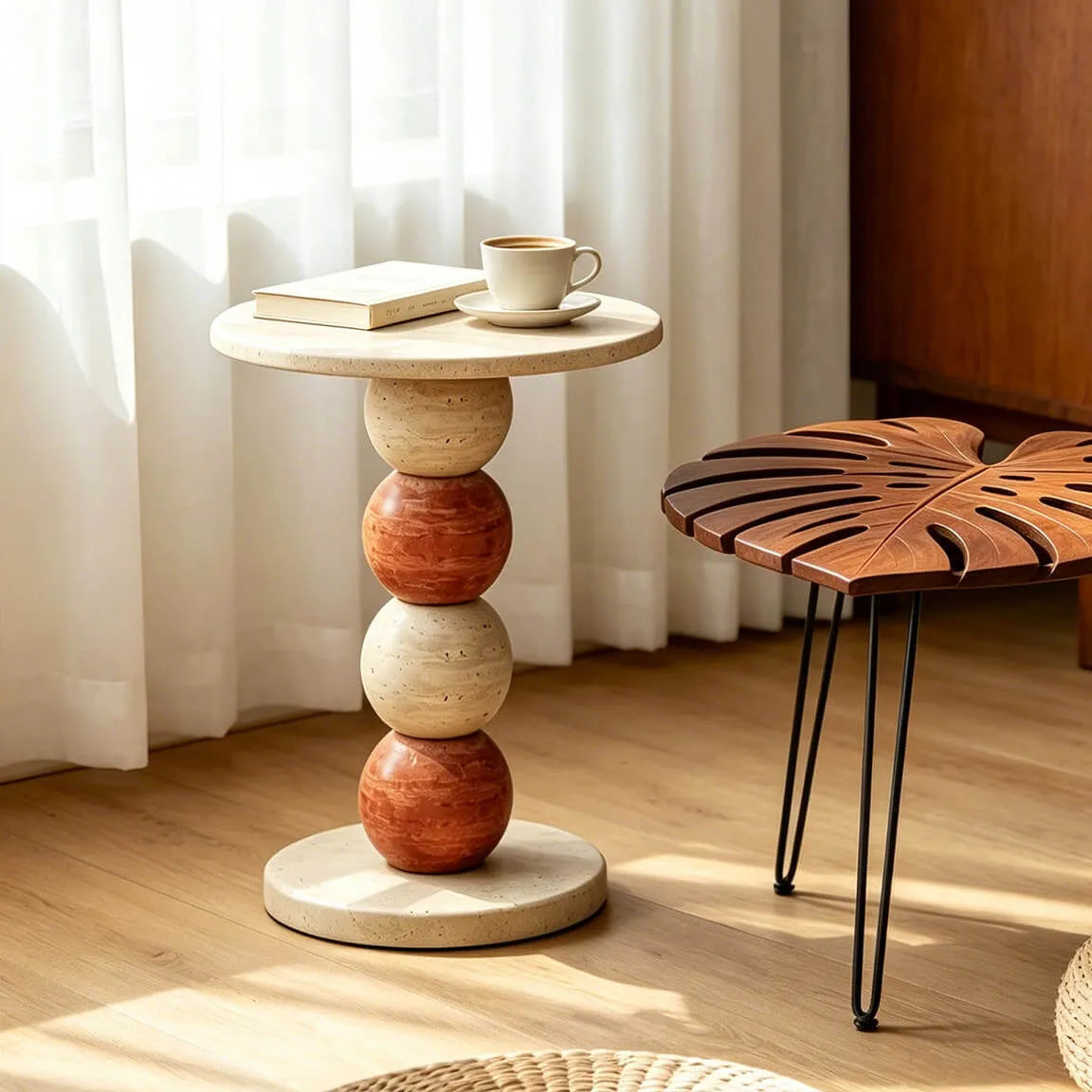 Sculptural Travertine and Marble Side Table Series With Beaded Column Main Product Image