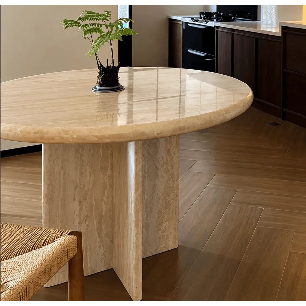 Sculptural Travertine Dining Table in Warm Beige with Thick Round Edge