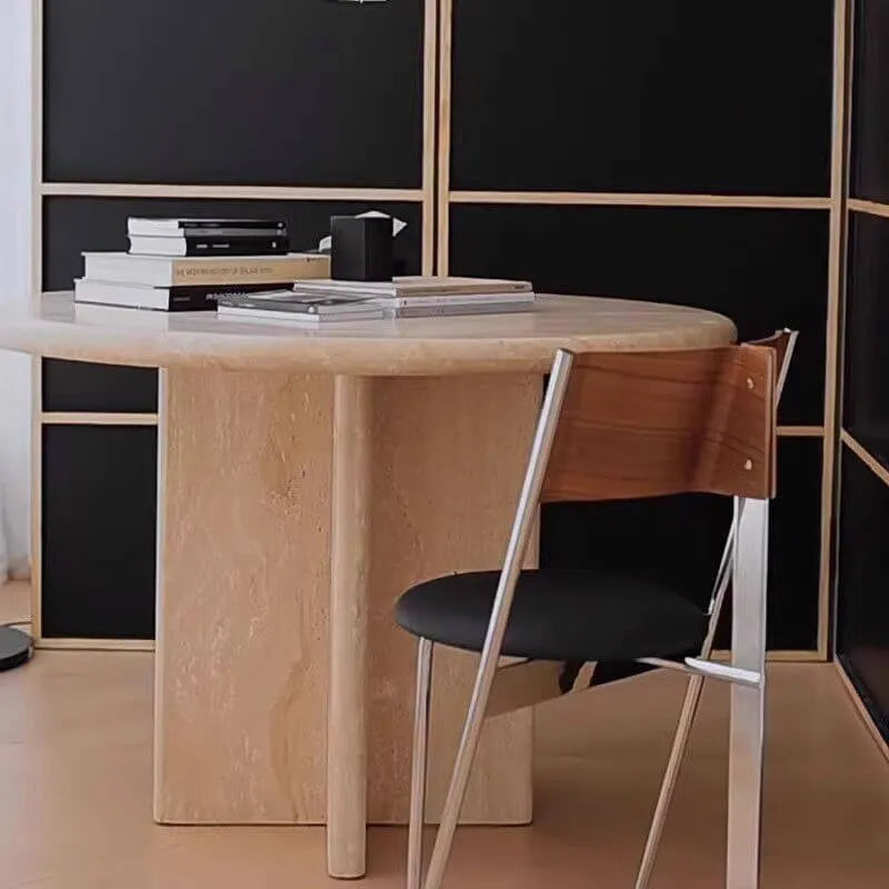 Sculptural Travertine Dining Table in Warm Beige with Thick Round Edge