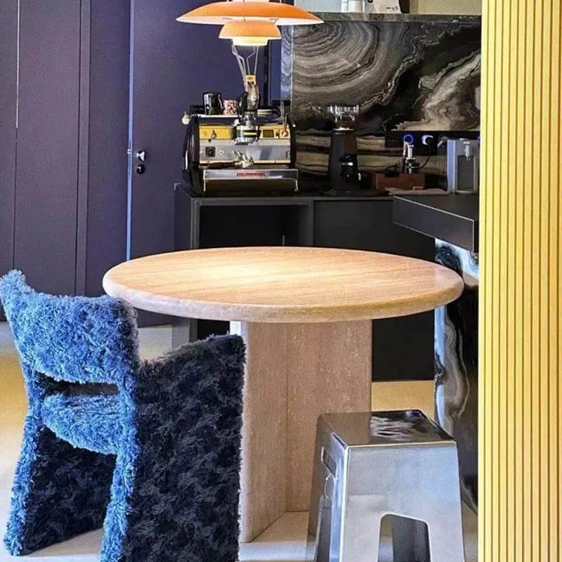 Sculptural Travertine Dining Table in Warm Beige with Thick Round Edge