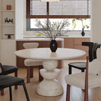 Sculptural Travertine Dining Table With Warm Beige Stone and Pedestal Base