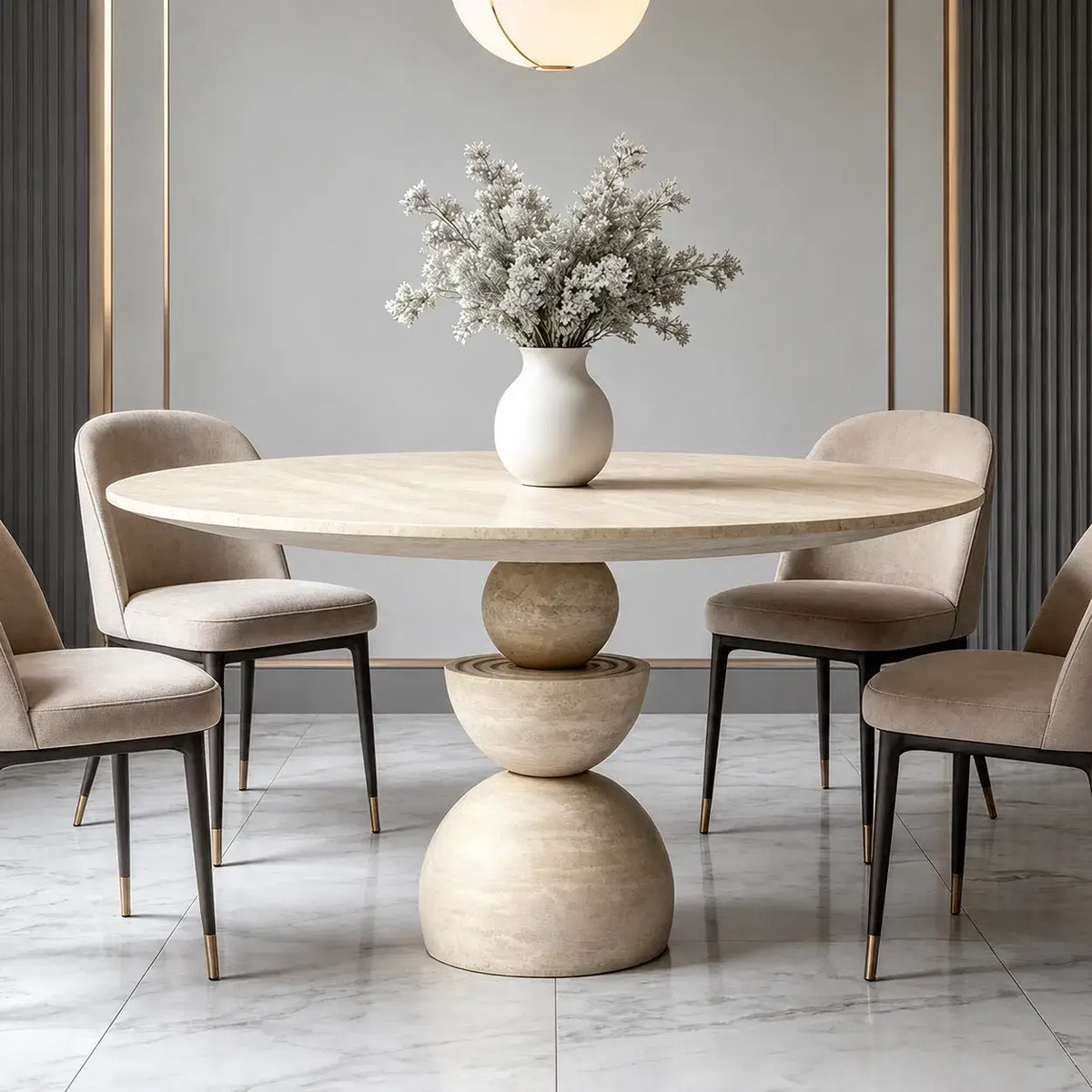 Sculptural Travertine Dining Table With Warm Beige Stone and Pedestal Base