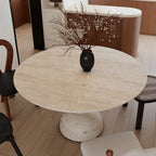 Sculptural Travertine Dining Table With Warm Beige Stone and Pedestal Base