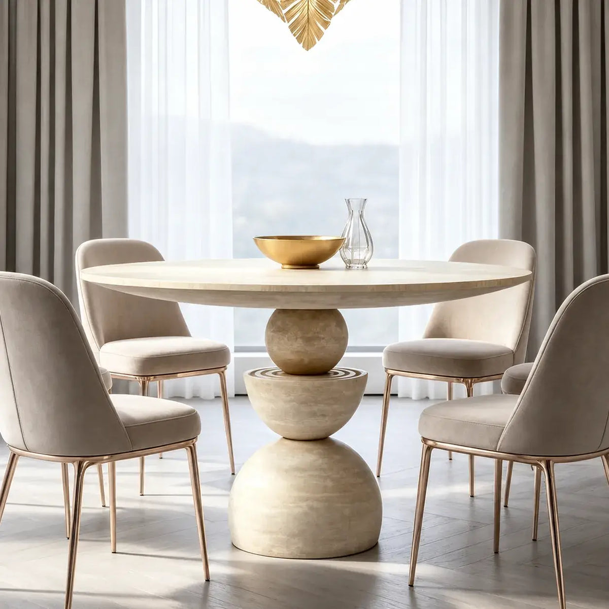 Sculptural Travertine Dining Table With Warm Beige Stone and Pedestal Base Main Product Image Imagen principal del producto