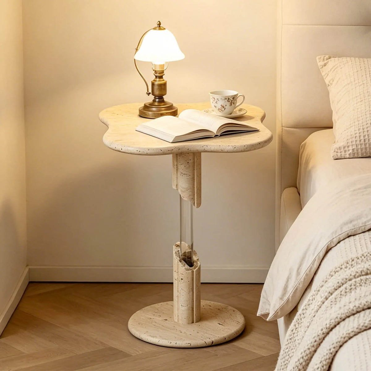 Sculptural Travertine Side Table Series with Dual-Circle Base and Soft Organic Lines