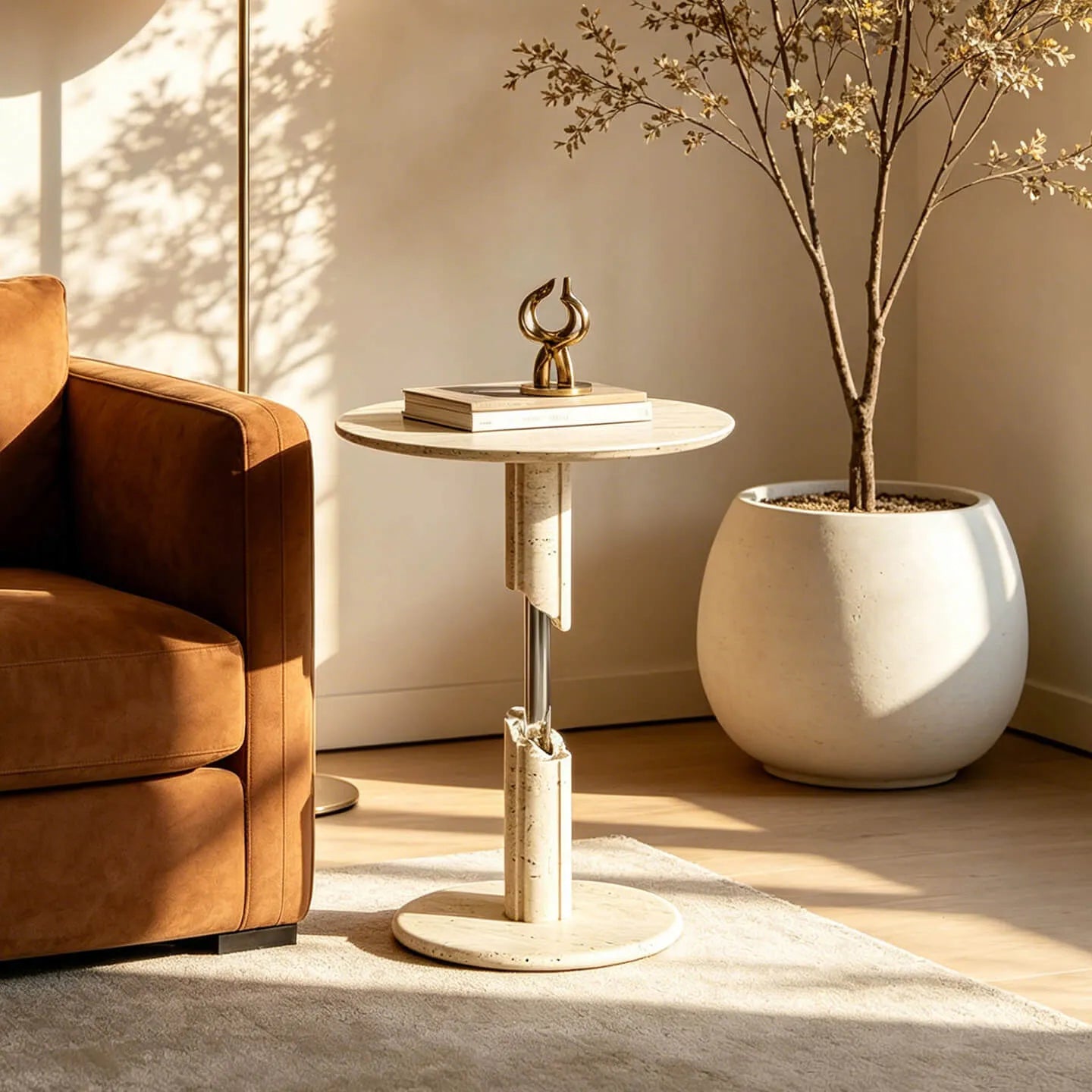 Sculptural Travertine Side Table Series with Dual-Circle Base and Soft Organic Lines サブ画像