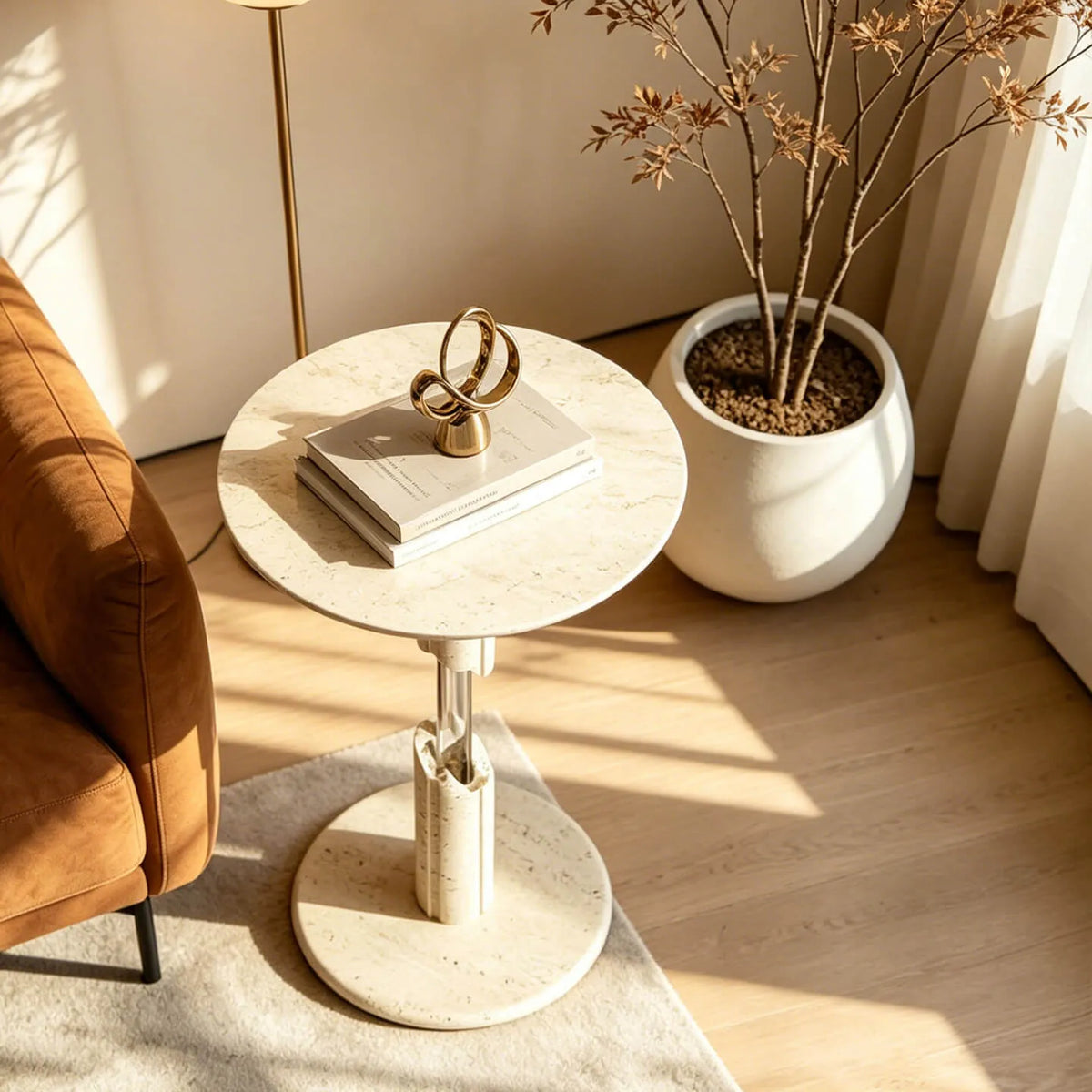 Sculptural Travertine Side Table Series with Dual-Circle Base and Soft Organic Lines Main Product Image
