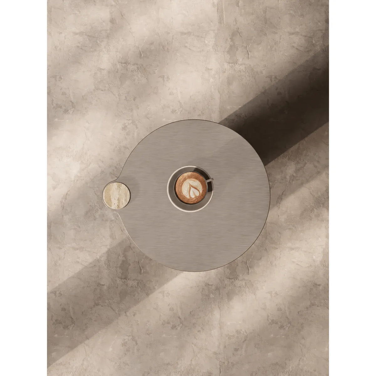 Sculptural Travertine Side Table With Brushed Metal Top, Warm Neutral Accent
