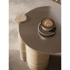 Sculptural Travertine Side Table With Brushed Metal Top, Warm Neutral Accent
