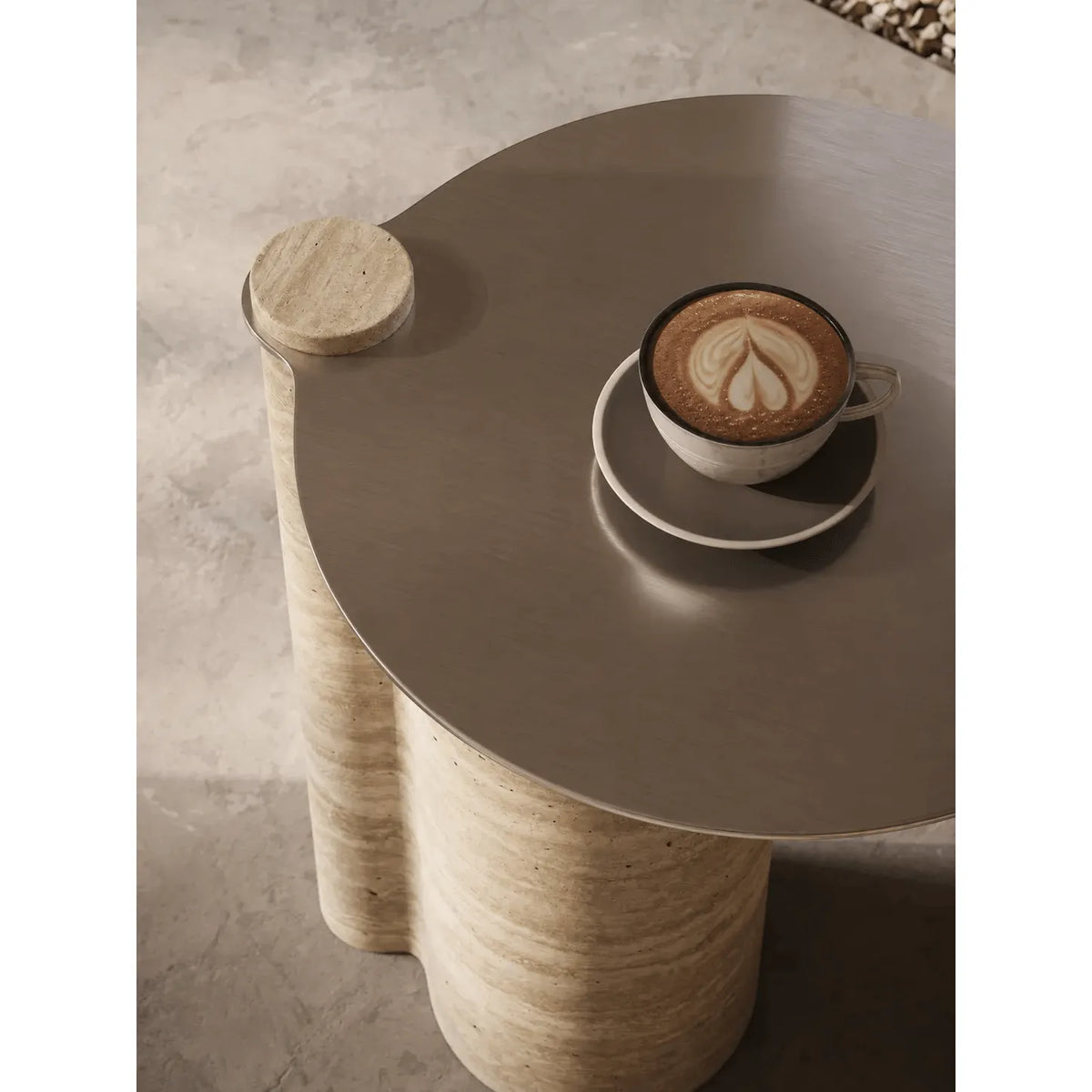 Sculptural Travertine Side Table With Brushed Metal Top, Warm Neutral Accent