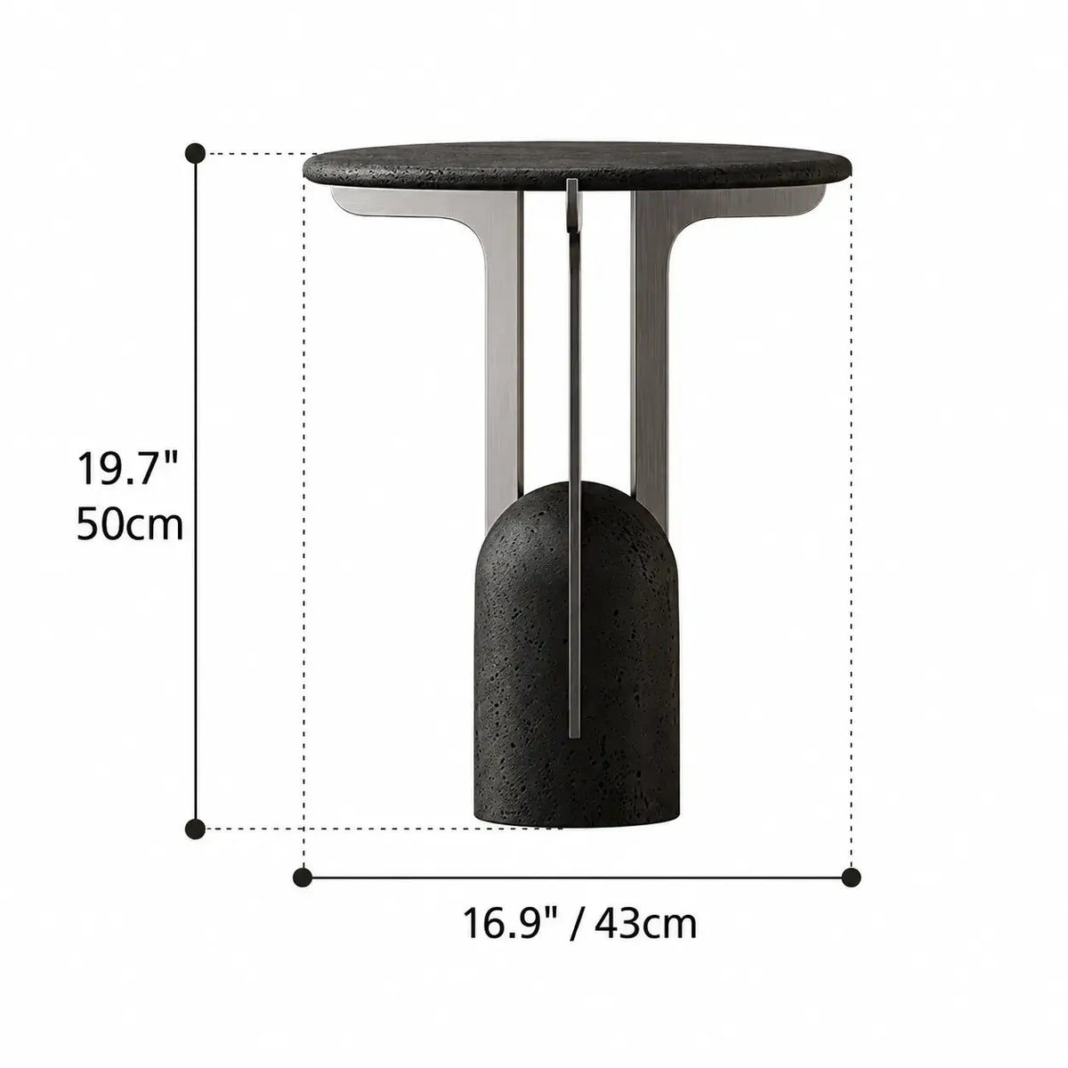Sculptural Travertine Side Table With Brushed Metal Top, Warm Neutral Accent Dimensions
