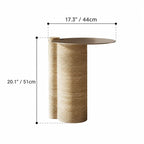Sculptural Travertine Side Table With Brushed Metal Top, Warm Neutral Accent Dimensions