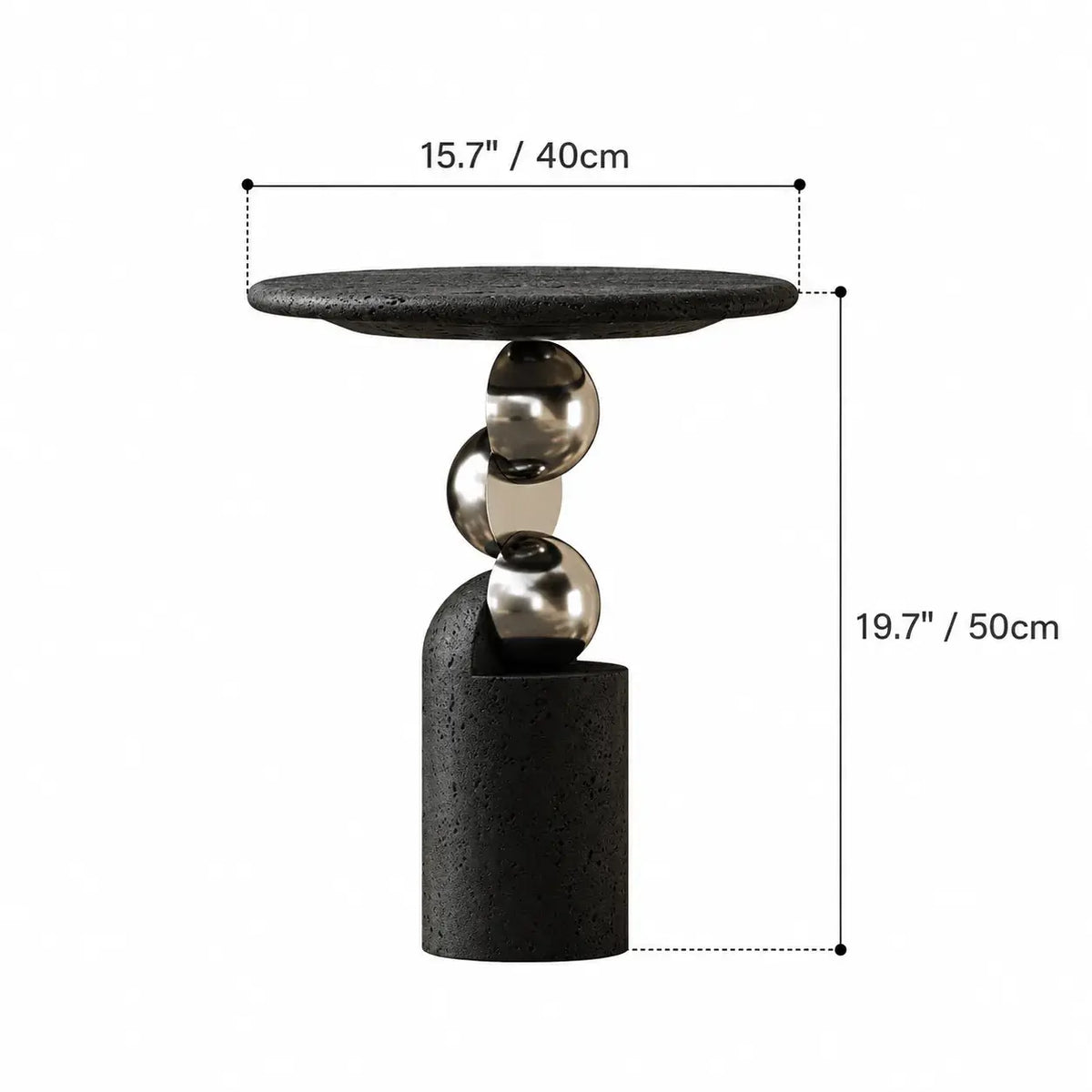 Sculptural Travertine Side Table With Brushed Metal Top, Warm Neutral Accent Dimensions