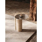 Sculptural Travertine Side Table With Brushed Metal Top, Warm Neutral Accent Main Product Image