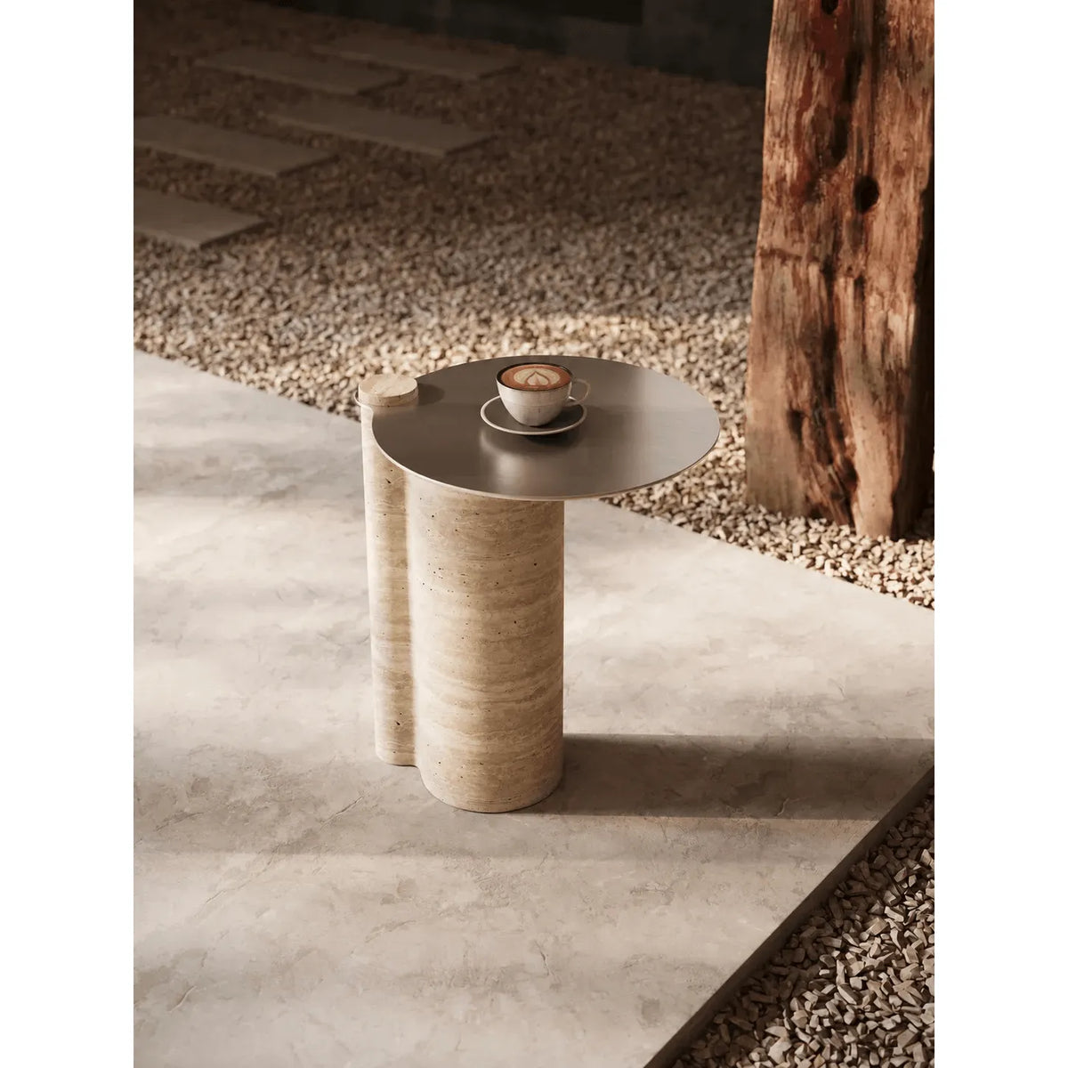 Sculptural Travertine Side Table With Brushed Metal Top, Warm Neutral Accent Main Product Image