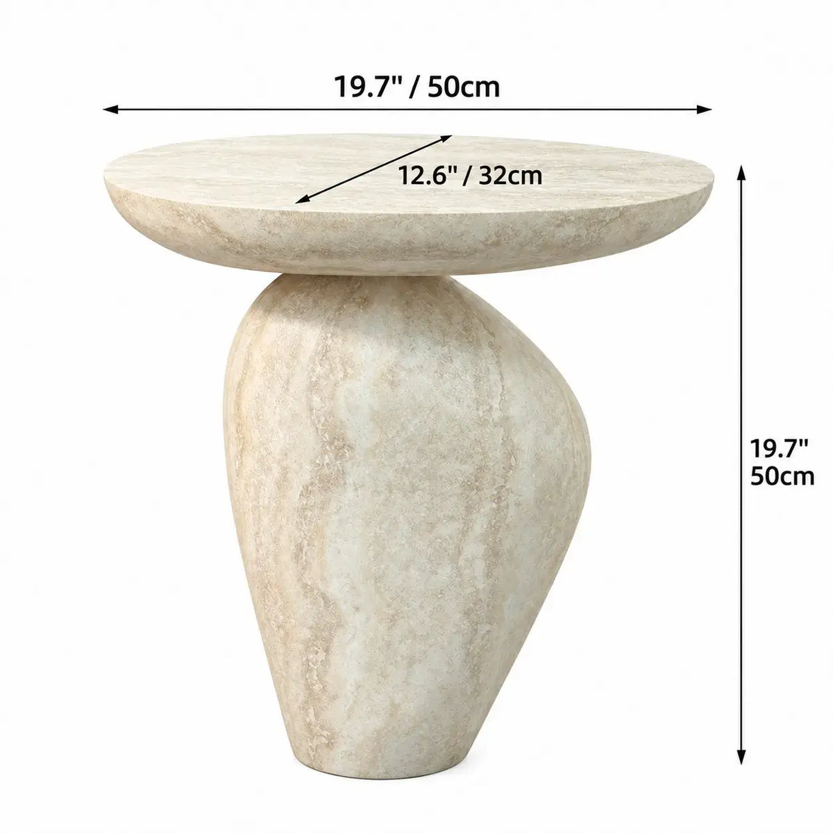 Sculptural Travertine Side Table With Rounded Tray Top and Soft Wabi-Sabi Silhouette Dimensions