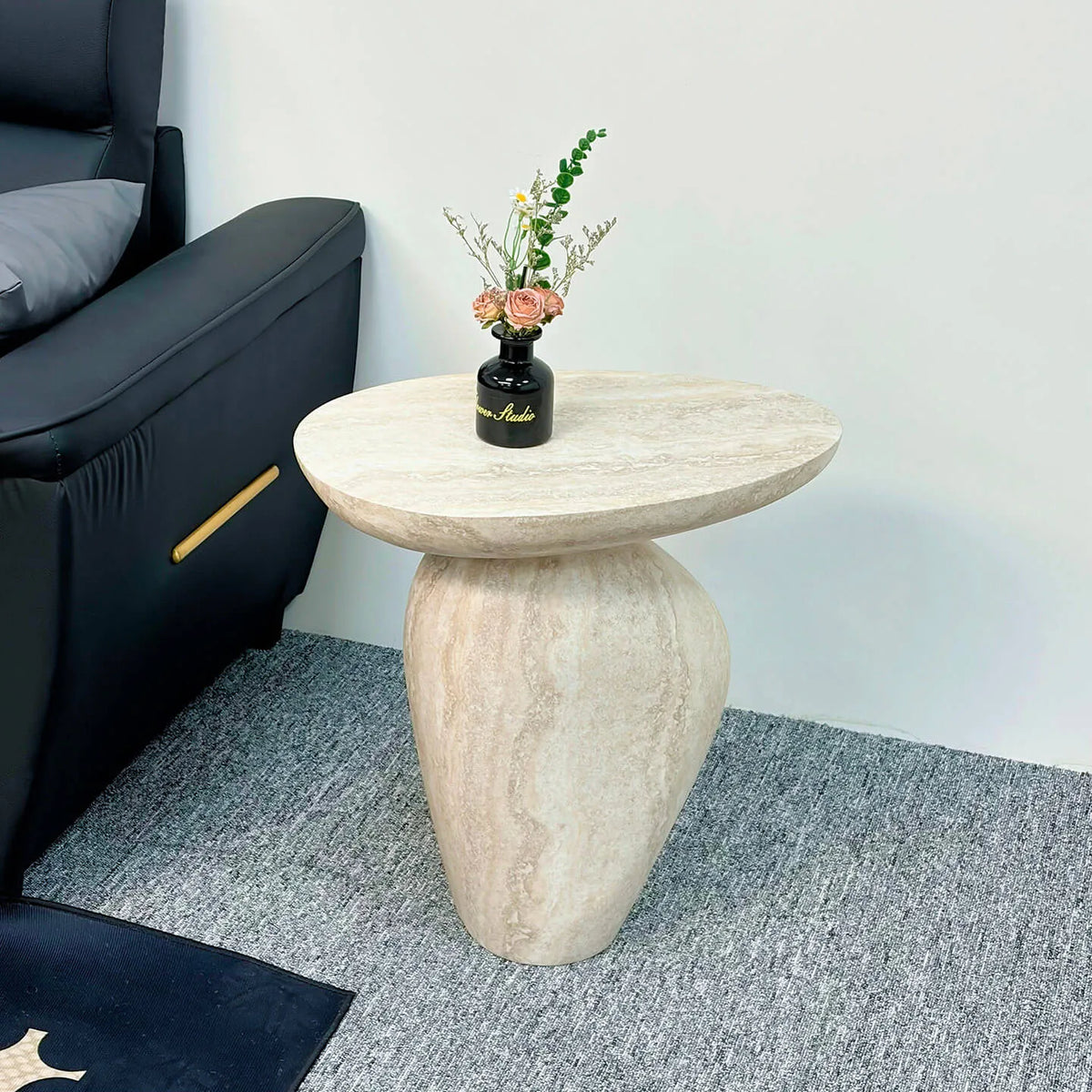 Sculptural Travertine Side Table With Rounded Tray Top and Soft Wabi-Sabi Silhouette