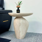 Sculptural Travertine Side Table With Rounded Tray Top and Soft Wabi-Sabi Silhouette Main Product Image