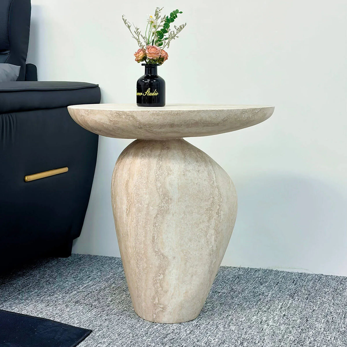 Sculptural Travertine Side Table With Rounded Tray Top and Soft Wabi-Sabi Silhouette Main Product Image