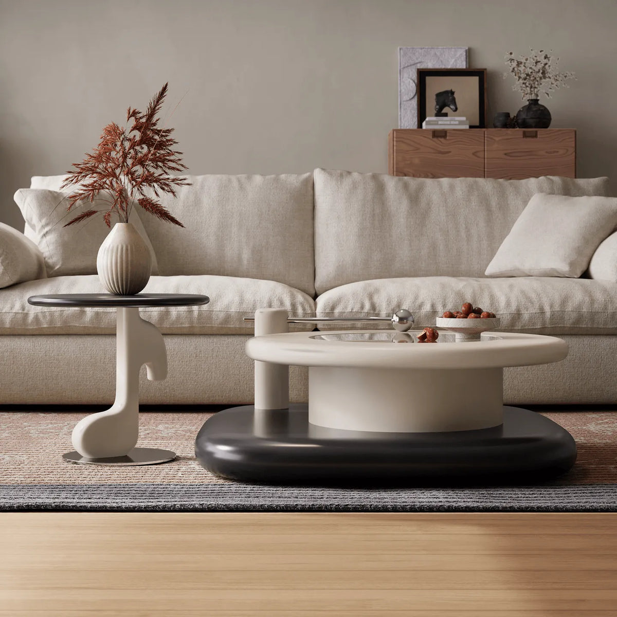 Sculptural Two-Piece Coffee Table Set with Glass Inlay and Side Table