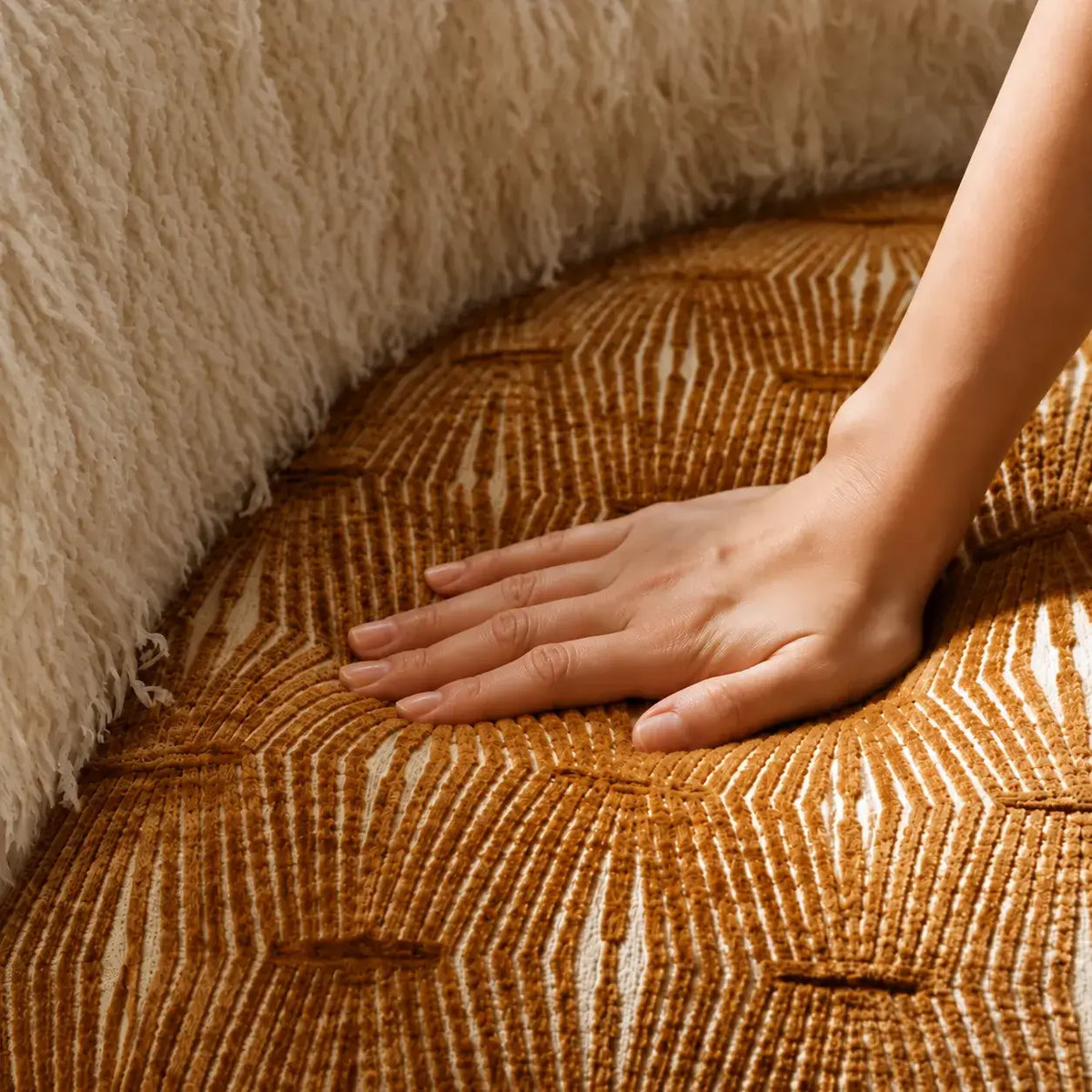 Sculptural Two-Tone Lounge Chair with Faux Wool and Woven Base
