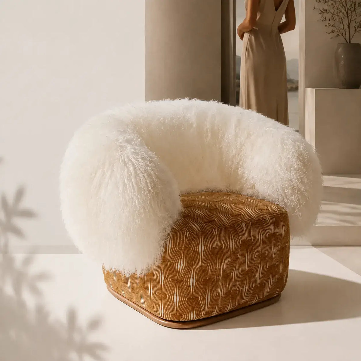 Sculptural Two-Tone Lounge Chair with Faux Wool and Woven Base